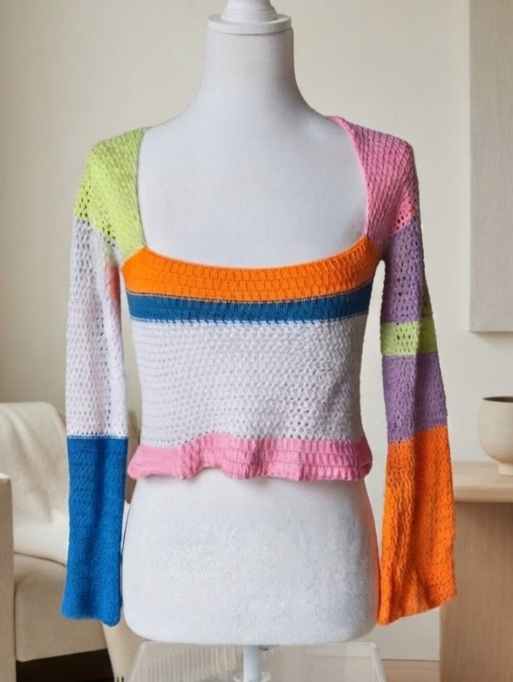 Rainbow Colorblock Cotton Crochet Long Sleeve Crop Top Y2K Indie Retro